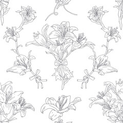 Black and white line art vintage seamless pattern with hand drawn lily flowers and fancy bow knots. Monochrome boho floral repeat wallpaper. Vector illustration
