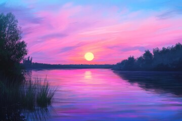 A peaceful lake with a vibrant sunset reflecting on its surface.
