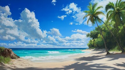 A peaceful tropical beach scene with white sand, blue water, and palm trees.