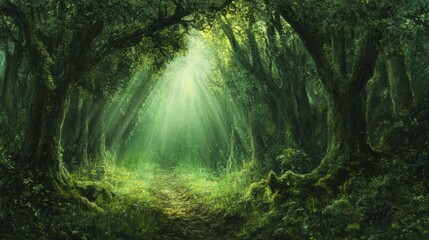 A path through a dense forest with sunlight streaming through the canopy.