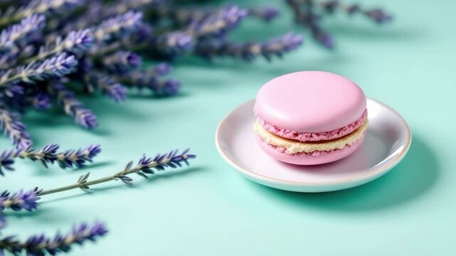 Pink macaroon with cream filling on a white plate accompanied by lavender flowers