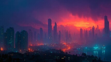 Dusk settles over a modern high-tech city with ultraviolet and electric-blue lighting accents 