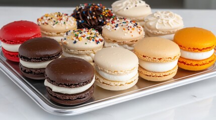 Fototapeta premium Colorful Macarons on a Silver Tray with Sprinkles and Cream Filling