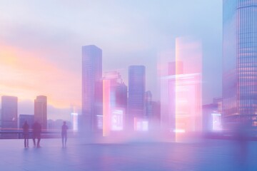 Fototapeta premium Futuristic cityscape with digital interface holograms at sunset