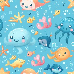 seamless pattern of tiny cartoon sea creatures floating in pastel underwater background, bright colors