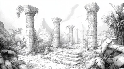 A pencil sketch of a crumbling ancient temple with tall pillars, overgrown with vines, and surrounded by lush jungle foliage in the background.