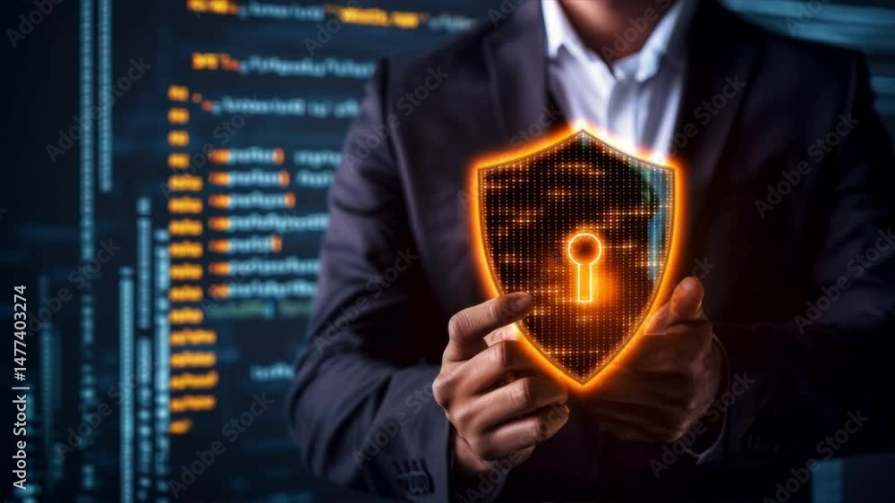 Poster a professional holds a digital shield symbolizing cybersecurity and data protection against a techno