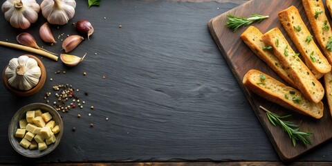 Aromatic Garlic Breadsticks and Fresh Herbs Arranged on Dark Surface with Copy Space