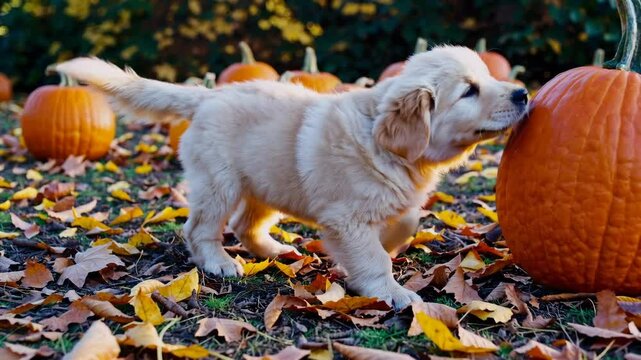 Curious puppy plays among autumn pumpkins in a leafstrewn garden