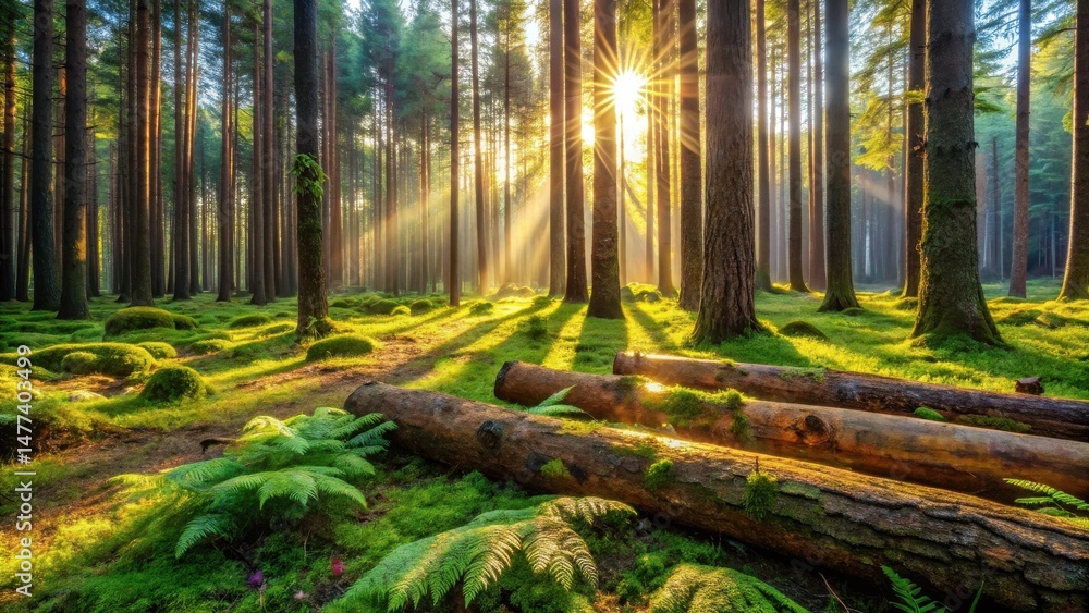Aufkleber serene sunrise illuminates mossy forest floor with sunbeams filtering through tall trees and fallen 