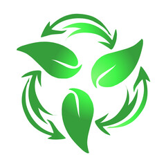 Ecological symbiosis: Green recycling symbol with leaf motifs on black field
