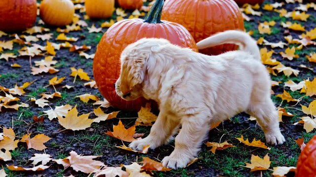 Golden retriever puppy playfully exploring autumn leaves and pumpkins in a vibrant fall setting
