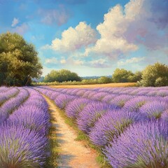 A picturesque dirt path winds through a field of purple lavender flowers under a blue sky with fluffy clouds.