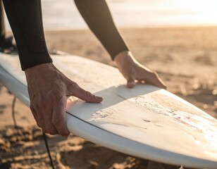 Surfer Inspecting Surfboard On Beach At Sunset