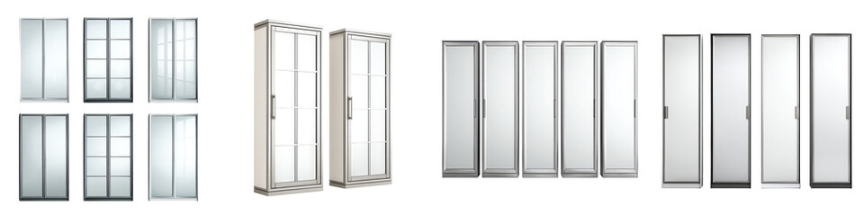 Modern glass display cabinets showcasing sleek designs in various finishes, perfect for enhancing interior aesthetics and organizing collectibles and merchandise elegantly