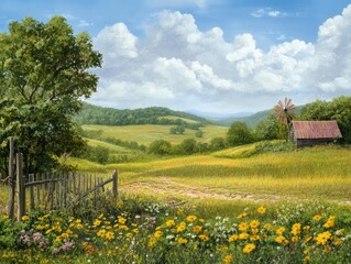 A picturesque rural landscape with a wooden fence, a winding dirt road, a lone farmhouse, and a windmill.