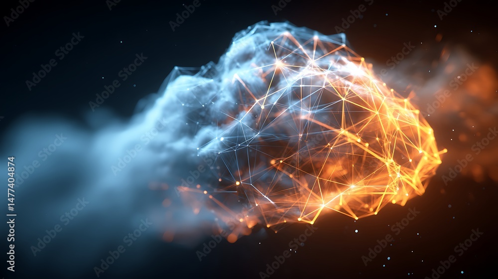 Poster network solution background, internet server services for cloud transfer, neon blue and orange light