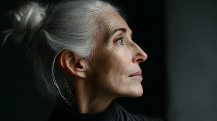Elegant older woman with gray hair pulled back in a bun gazing thoughtfully.