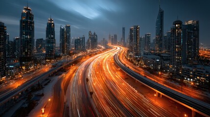 Fototapeta premium Wide city skyline at dusk with advanced infrastructure and radiant light trails from hovering vehicles 