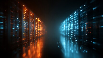 Network solution background, internet server services for cloud transfer, neon blue and orange light, networking and ai technology concept