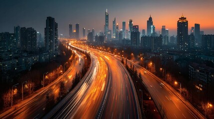 Fototapeta premium Wide city skyline at dusk with advanced infrastructure and radiant light trails from hovering vehicles 