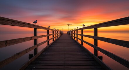 Wooden Pier with Seagulls at Scenic Sunset