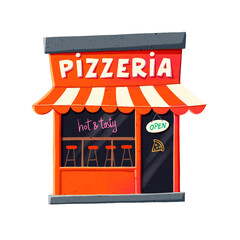 Cartoon Pizzeria Building Illustration with Open Sign