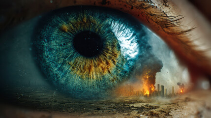 Close-up image of a human eye in the sky against the backdrop of an apocalyptic landscape. All Seeing Eye