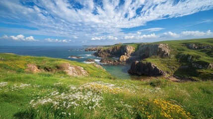 A picturesque view of a rugged coastline with cliffs, lush green meadows, and a sparkling ocean in the distance.
