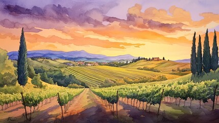 A picturesque view of a vineyard at sunset with rolling hills, a farmhouse, and rows of vines.