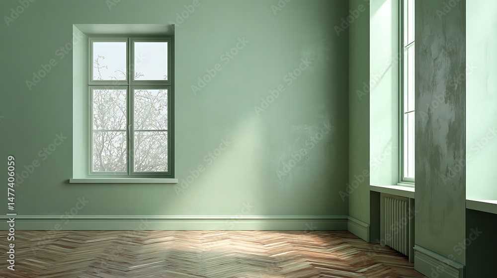 Aufkleber monochrome pastel sage green empty room with window in modern house, wall scene mockup for showcase,