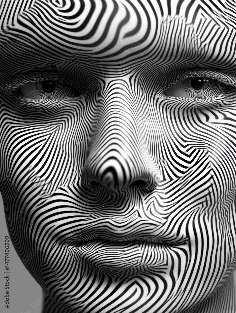 Poster a 3d rendered black and white illustration of a woman depicted using contour lines, creating a uniqu