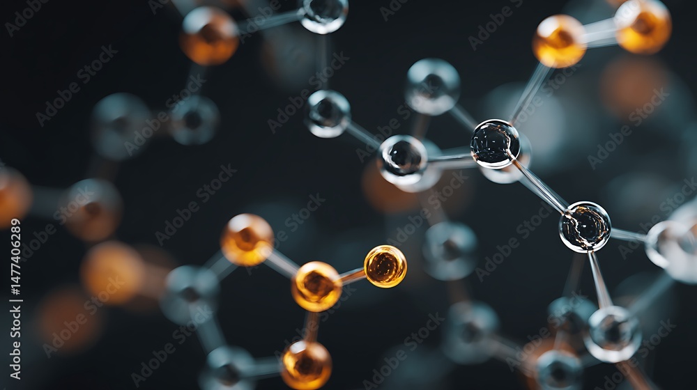 Poster molecular structure with connections between atoms on abstract background, macro shot, scientific re