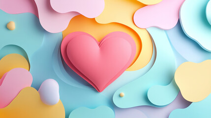 Abstract background with a heart-shaped and various color paper cut-out shapes.