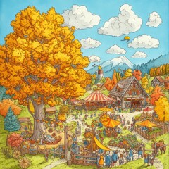A picturesque village square bustling with activity, adorned with vibrant autumn foliage and surrounded by a mountain range.