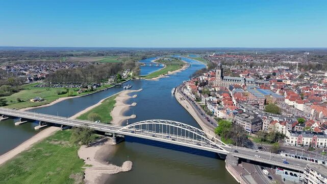 Aerial from the city Deventer with the Wilhelmina bridge in the Netherlands