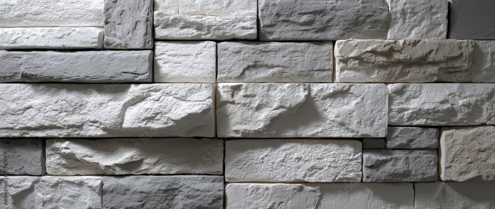 Poster gray stone bricks arranged in a staggered pattern create a textured wall with a modern, rustic appea