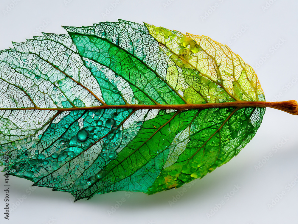 Poster a macro view of the intricate veining pattern on a translucent green leaf in the summer sunlight.