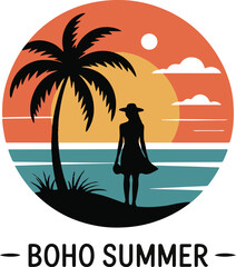 sunset beach with girl vector icon, silhouette of a woman on the beach, symbol of a woman on the beach with palms on white background.
