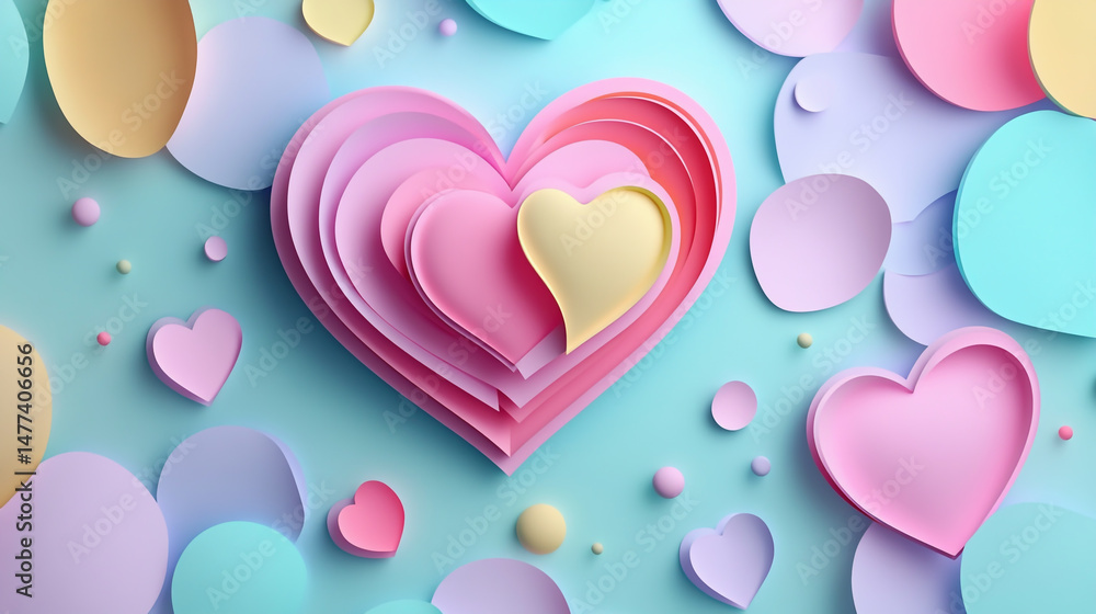 Aufkleber abstract background with a heart-shaped and various color paper cut-out shapes.