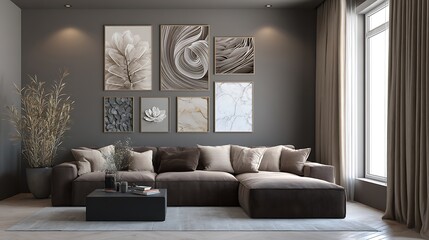 Modern poster gallery in a sophisticated grey living room with a brown corner sofa