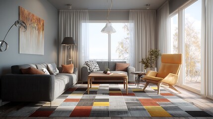 Modern scandinavian living room with design furniture and big glasses