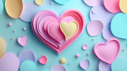 Abstract background with a heart-shaped and various color paper cut-out shapes.