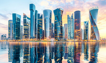 Stunning cityscape at sunset, reflecting in tranquil waters. Modern architecture, vibrant colors, urban landscape.