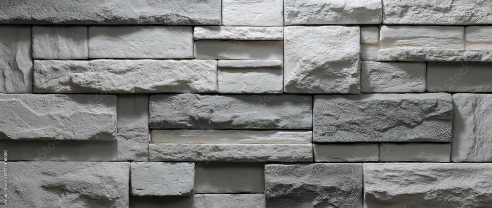 Poster gray stone bricks arranged in a staggered pattern create a textured wall with a modern, rustic appea