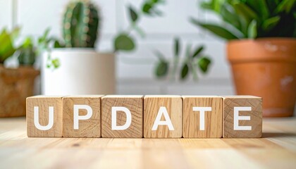 更新アップデートを意味するupdateの英語の文字が書かれた木製のキューブブロック。AIで生成	
