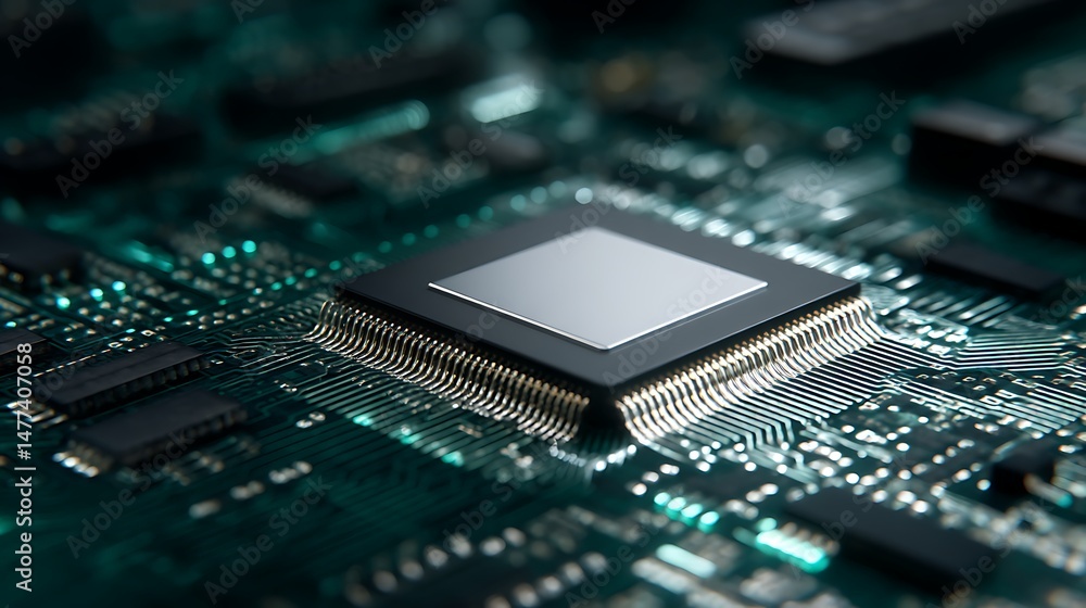 Poster Modern microchip on computer motherboard as processor technology concept