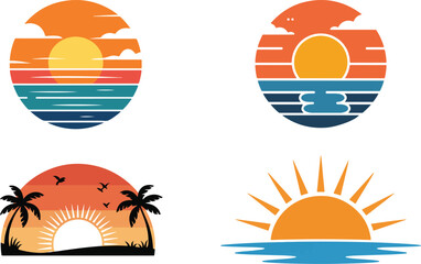 sunset vector icon set,  nature, sunrise set, summer sun logo, sun protection logo, sun and sea, summer holiday card on white background.