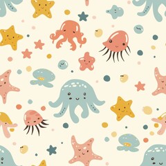 seamless pattern of tiny cartoon starfish and jellyfish icons, simple flat minimal illustration, light pastel colors