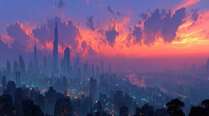 Fototapeta premium High-tech urban landscape featuring neon-lit skyscrapers stretching into a darkening dusk sky 